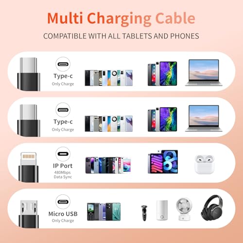 MPATIBY 4 in 1 Multi Charging Cable, 1 Pack 5FT Dual Type C Charging Cords | USB Cable with Type C/ Type C/IP & Micro Port ,Nylon Braided Phone Charger for Multiple Devices, Travel & Car Use - color: Blackgray, size: 1Pack5FT