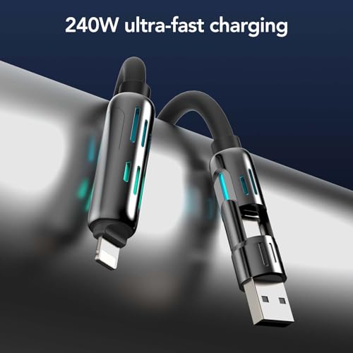 MFish 240W 4-in-1 Fast Charging Cable, Black, 6.6FT | Carrying Case, USB-A & USB-C to USB-C/Lightning, For iPhone 17/16/15/14, MacBook, iPad, Laptop, Samsung S25/S24 - color: Black, size: 6.6Ft