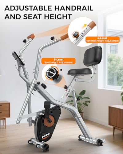 pooboo Folding Magnetic X‑Bike, Upright Exercise Bike for Home Gym | Foldable Indoor Stationary Cycling Bike, 8‑Level Resistance, 6.6 LBS Flywheel, 300 LB Capacity, Back Support Cushion - color: Silver Grey