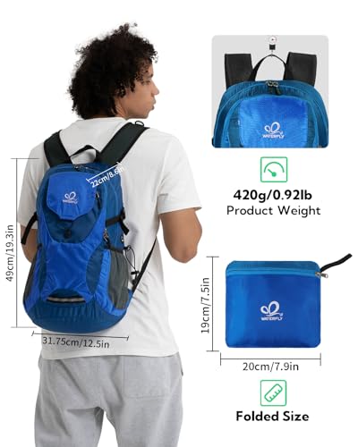 WATERFLY Lightweight Packable Hiking Backpack, 30L Day Pack | Foldable, Water Resistant Travel Daypack with Multiple Pockets, Wet Pocket, Ultralight Day Pack for Woman Man, Everyday Carry - color: Deep Blue