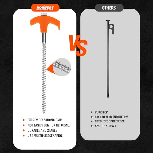 HORUSDY Tent Stakes Heavy Duty, 12-Pack 8.07 Inch Tent Stakes with 4 x 13ft Rope & 1 Stopper T Pull Hook - size: 12 Pack