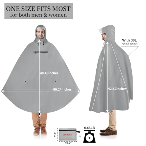 Andake Hooded Rain Poncho for Adults Waterproof Lightweight Raincoat for Men & Women Reusable Rain Ponchos for Cycling - color: Grey