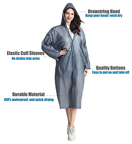 HLKZONE Raincoat, 2 Pack Rain Ponchos for Adults Travel Rain Jacket Packable Rain Coats for Women with Drawstring Hood - color: E-grey