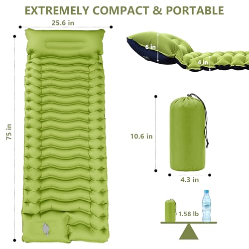 Sleeping Pad, Ultralight Camping Mattress with Pillow, Built-in Foot Pump Inflatable Sleeping Pad Compact for Camping Backpacking Traveling Hiking Tent, Single, Green