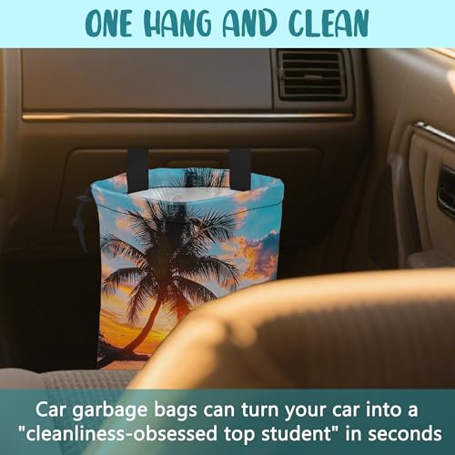 Car Garbage Bag Palm Tree Sunset at a Beach Hanging Canvas Car Trash Bag Drawstring Car Back Seat Organizer for Car Back Front Seat Console with Adjustable Buckle - color: Palm Tree Sunset at a Beach