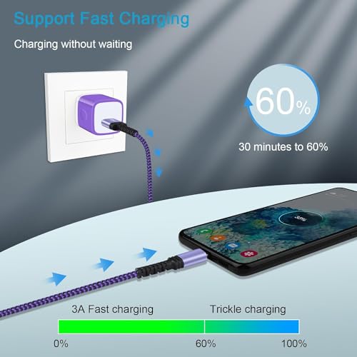 USB C Charger Cable Fast Charger Phone Android Power Cord 5FT/3Pack Braided | USB A to Type C Cable Fast Charging for Samsung Galaxy S26 S25 S24 S23 Ultra,Z Fold 5,A15,A55,A14,A54,S22,S21,S20,Pixel 9 8 - color: White,Blue,Purple