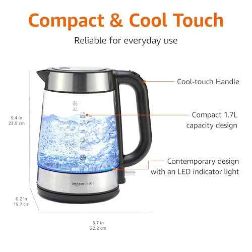 Amazon Basics Electric Kettle with Glass Carafe for Tea and Coffee, BPA-Free, Fast Boiling, Auto Shut-Off, Boil-Dry Protection, Water Level Indicator, 1.7 Liter, 1500W, Black and Silver - size: 1.8 Quarts, style: Glass Carafe