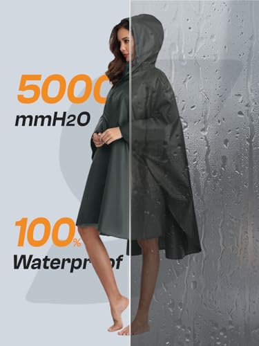 SaphiRose Adult Rain Poncho Waterproof Hooded Zipper Raincoat with Pockets - color: Deep Grey