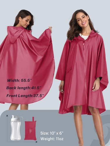 SaphiRose Adult Rain Poncho Waterproof Hooded Zipper Raincoat with Pockets - color: Rose Red