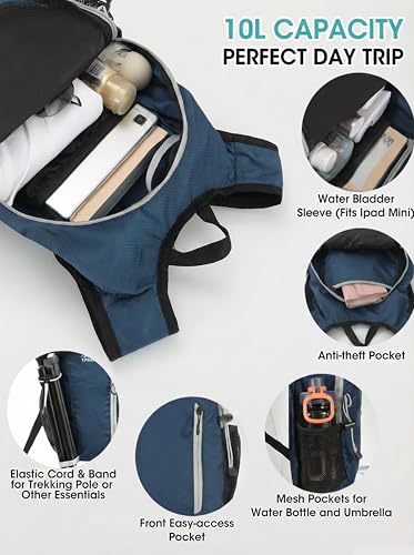Foldable Small Hiking Backpack with 3 Strap Pockets – Lightweight 300D Spill-proof Daypack for Men Women – Packable Small Travel Backpack with Chest Strap & Trekking Pole Holder – Durable Outdoor Bag - color: Darkgray