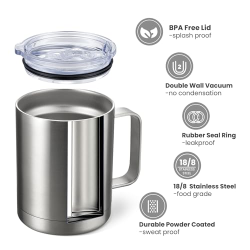 MEWAY 12oz Coffee Mug With Handle,Stainless Steel Insulated Travel Tumblers With Sliding Lid,Double Wall Vacuum Camping Cup for Hot & Cold Drinks Tea (Sliver,Set of 1) - color: Sliver