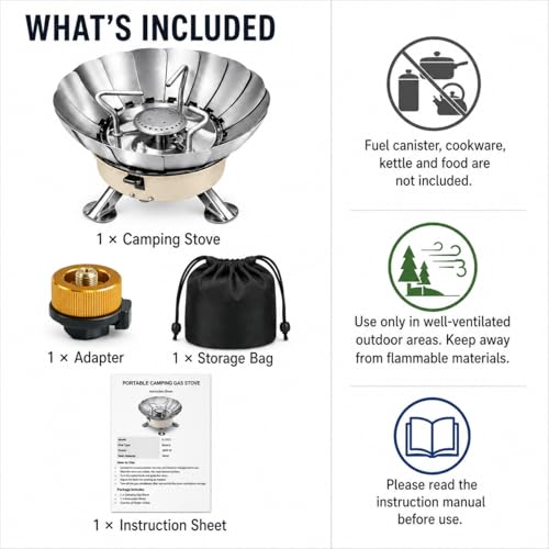 Butane Camping Stove, Portable Windproof Camping Gas Stove with Built-in Windshield, Piezo Ignition, Propane Canister Adapter, Foldable Burner for Backpacking Hiking Outdoor Cooking