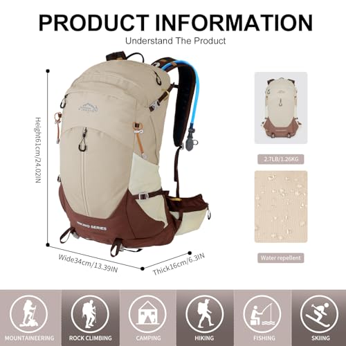 IX INOXTO Hiking Backpack, Camping Backpack, 30L Waterproof Hiking Daypack with 3L Water Bladder and Rain Cover (Khaki) - color: Khaki