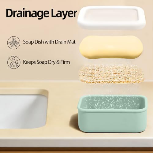 Travel Soap Dish 2pcs - PYRRHIC Leakproof Travel Soap Case with Draining Layer Portable Silicone Soap Container Portable Soap Dish for Bathroom Shampoo Bar Gym Camping (Mint Green & Beige)