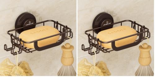 Soap Holder Dish with Hooks for Shower, Bar Suction Cup Soap Tray Wall Mounted, Rustproof Stainless Steel Sponge Holder Caddy for Bathroom Bathtub Kitchen Sink, Brown (Pack of 2) - color: Brown, size: 1 Tire (Pack of 2)
