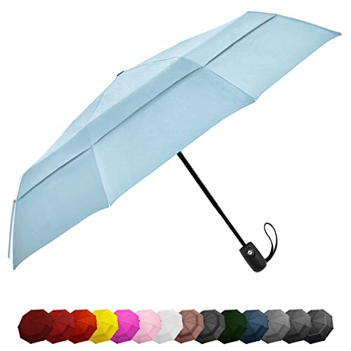 Windproof Travel Umbrella Auto Open Close, Compact 42" Folding Umbrella | Collapsible Rain Umbrella with Vented Double Canopy, Fiberglass and Steel Frame, Strong Wind Resistant - color: Light Blue