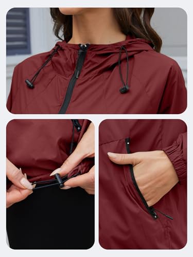 CRIPOM Packable Rain Jacket Women Waterproof Lightweight Jacket With Hood Womens Windbreaker Jacket S-XXL - color: Wine Red, size: Small