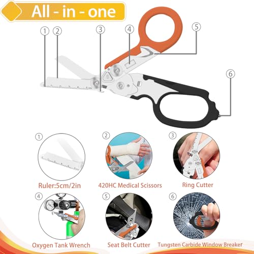 6-in-1 Multifunction Trauma Shears for emergency responders, outdoor camping emergencies, medical staff, Foldable High-Strength Stainless Steel Scissors Tools With Utility Holster (Black orange) - color: Black Orange