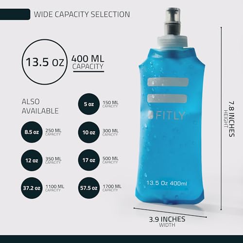 FITLY Soft Flask - Shrink As You Drink Soft Water Bottle for Hydration Pack - Folding Water Bottle Ideal for Running, Hiking, Cycling, Climbing & Rigorous Activity - color: Blue, size: 13.5 Ounces