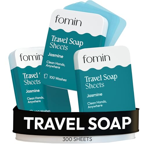 FOMIN - Paper Soap Sheets for Traveling - 300 Jasmine Portable Hand Soap Sheets for Travel in Tin - Dissolvable Mini Portable Travel Soap Sheet for Hand Washing, Camping and Hiking - color: Jasmine (Pack of 3)