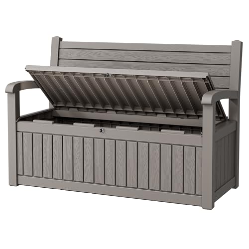 80 Gallon Outdoor Storage Bench Waterproof, Storage Outdoor Porch Bench Doubles as 2-Person Bench Seat, Resin Stripes Deck Box for Cushions, Garden Tools and Pool Supplies Grey - color: Charcoal Gray