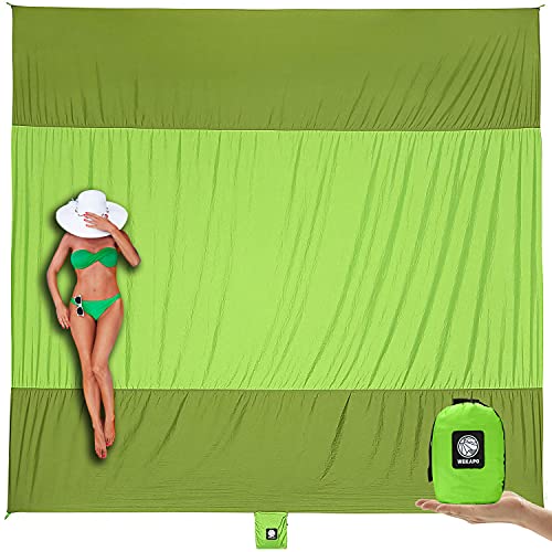 WEKAPO Beach Blanket Sandproof Waterproof, Extra Large Beach Mat, Oversized & Compact Sand Free, Quick Drying Beach Essentials for Vacation, Cruise, Picnic & Camping with Stakes - color: Green, size: 9x7 FT (1～5 person)
