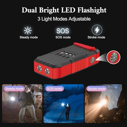 Solar Power Bank 66800mAh Built in Hand Crank for Camping and Hiking | Fast Charge,4 Built in Cable,5 Outputs & 3 Inputs Multi Device Charging,SOS/Flashlight/Compass,Waterproof - color: red