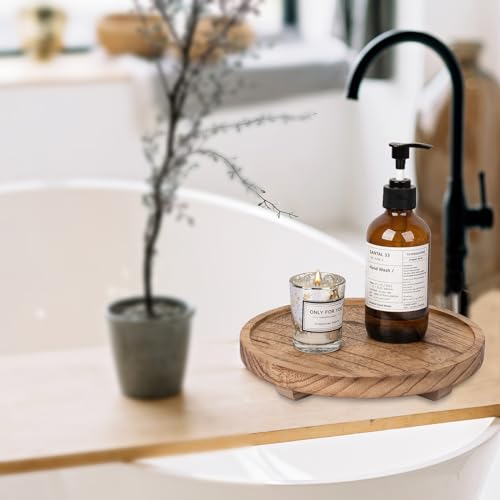 Round Decorative Tray Farmhouse Kitchen Decor Soap Dish, 9" Brown | Waterproof, Lightweight, Easy Clean, Wood Riser Pedestal Stand Accessories for Office Desk, Vanity, Counter, Sink - color: Brown, size: 9"