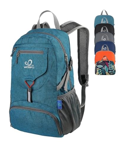 WATERFLY Small Lightweight Packable Backpack: 20l Hiking Daypack Man Woman | 20L,Recycled nylon material,Multi-compartment storage,Water-resistant,Everyday carry,Ultra Light Foldable Travel Day Pack - color: A-teal Blue