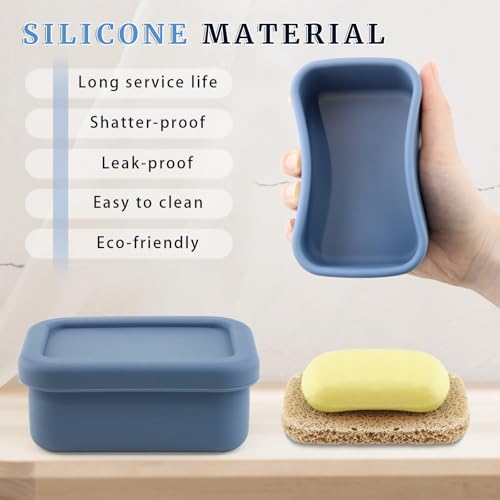 2Pcs Leak Proof Silicone Travel Soap Case with Enhanced Draining Layer, Shatterproof Soap Holder for Traveling, Camping, Gym, Bar Soap Caddy (Navy Blue+ Solid Color Cover)