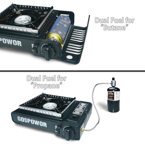 Propane or Butane Stove with Windblocker, Dual Fuel 10,000 BTU Portable Gas stove for Camping, Automatic Ignition Gas Stove with Adapter Hose Carrying Case & Griddle for Hiking (Fuel Not Included) - color: Classic Black