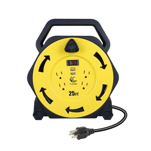 Retractable Extension Cord Reel with 25 FT Power Cord,16/3 AWG, 4 Grounded Outlets,2 USB 3.4A,13 Amp Circuit Breaker,UL Listed Yellow CR034