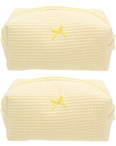 Cozy Makeup Bag for Women,Zipper Cosmetic Pouch,Waffle Yellow,2 Pack - color: Waffle Yellow