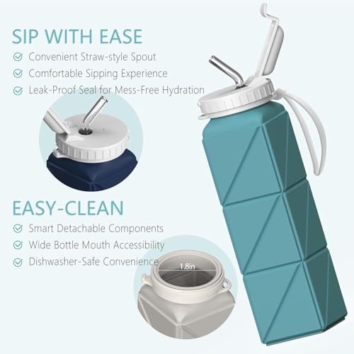 BEAUTAIL Collapsible Water Bottles 21oz/610mL, Silicone Travel Water Bottle - color: Dark Blue+Blue
