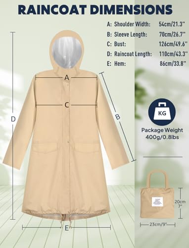 ANYOO Waterproof Rain Poncho Lightweight Reusable Hiking Hooded Coat Jacket for Outdoor Activities - color: Khaki