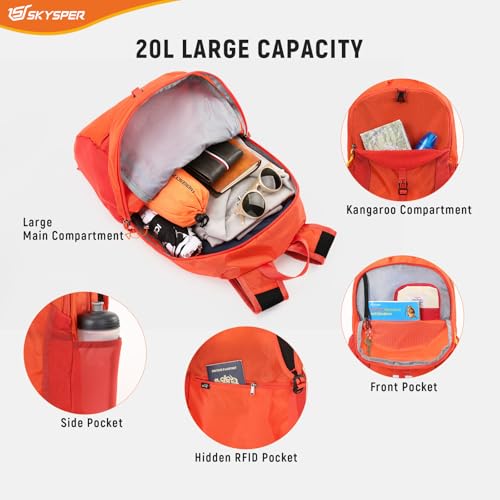 SKYSPER Small Packable Hiking Backpack 20L Anti-theift Travel Daypack | RFID Ultralight Foldable Walking Backpack with Water Bottle Holder, Nylon, Multi-compartment, Everyday Carry for Men Women - color: Orange