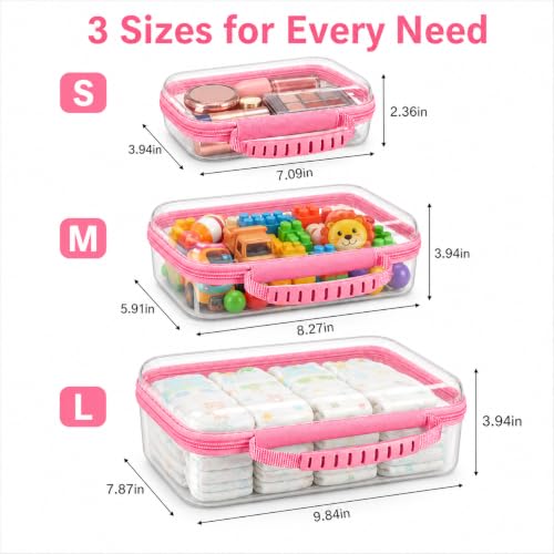 3 Pack Deep Clear Hard Shell Zipper Cases with Handle (Pink) | Travel Toiletry Bag, Waterproof 1.2mm PET Hard Plastic Pouches, Organizer Box for Makeup, Toy, Snack, Stationery, Diaper - color: Pink Handle(L+M+S)