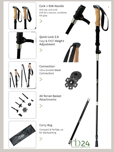 rb24 7075 Aluminum Trekking Poles, Lightweight Collapsible Hiking Poles with Quick Lock, EVA Foam Grip, Wrist Straps, Rubber Tips & Mud/Snow Baskets for Trails & Walking