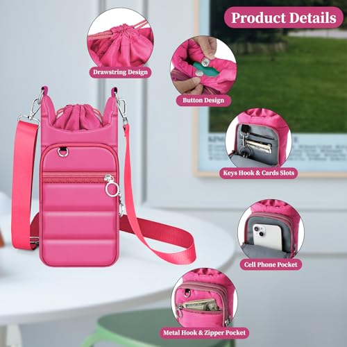 bvya Puffer Water Bottle Holder Quilted Sports Pouch Bag with Adjustable Shoulder Strap & Paracord Handle - color: Rose-red
