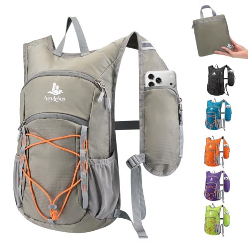 14L Small Hiking Backpack, Packable Travel Daypack for Men Women | Lightweight, Quick-Access Phone Pocket, Breathable, Water Resistant, Adjustable Straps, Emergency Whistle, Commuting Cycling - color: Grey