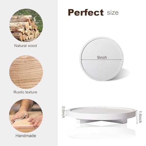 Round Decorative Tray Farmhouse Kitchen Decor Soap Dish, 9" White | Waterproof, Lightweight, Easy Clean, Wood Riser Pedestal Stand Accessories for Office Desk, Vanity, Counter, Sink - color: White, size: 9"