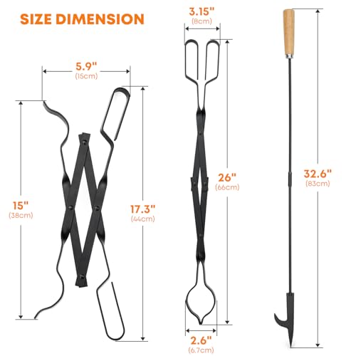 Stanbroil 26" Campfire Fireplace Tong and 32" Fire Pit Campfire Poker Set | Premium steel material, Heat resistant tool, for fireplace camping wood stove indoor and outdoor use