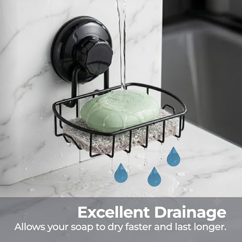 HASKO accessories Suction Soap Dish with Hooks - Super Powerful Vacuum Suction Cup Shower Soap Holder - Rustproof Stainless Steel SS304 Soap Basket - Sponge Holder for Bathroom & Kitchen (Black) - color: Black