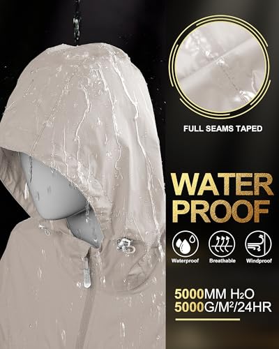 33,000ft Women's Waterproof Long Rain Coats Packable Rain Jacket with Hood Trench Coats Windbreaker - color: Beige, size: X-Small