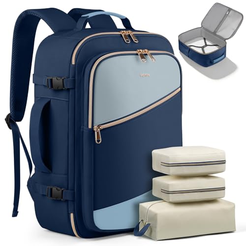 HOTOR Travel Backpack Women, 3 Packing Cubes Carry on Luggage - color: Blue, size: 17.3" x 13.0" x 7.9"