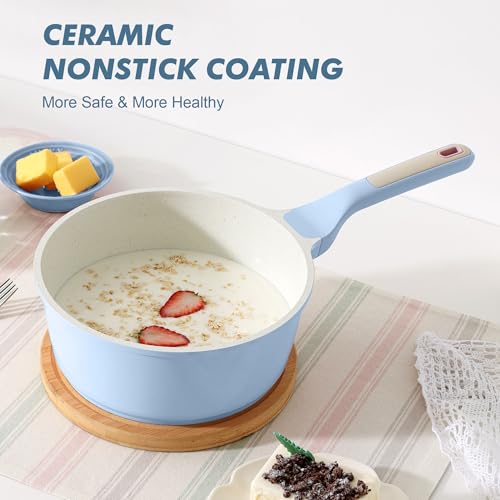 SENSARTE Ceramic Nonstick Saucepan with Lid 2.0QT, PTFE/PFAS Free, Blue | Kitchen Cooking Pot with Stay Cool Handle, Induction Compatible, Ceramic Coating - color: Glacier Blue, size: 2.0 Quarts