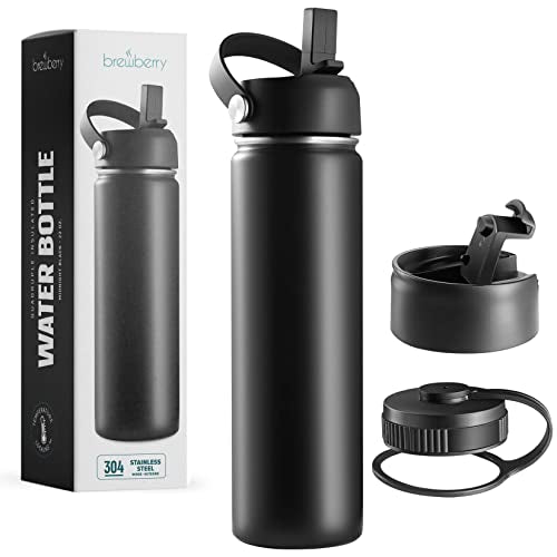 22 oz Insulated Water Bottle with Straw Lid, Stainless Steel - color: Midnight Black, size: 22 Ounces