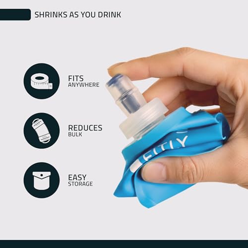 FITLY Soft Flask - Shrink As You Drink Soft Water Bottle for Hydration Pack - Folding Water Bottle Ideal for Running, Hiking, Cycling, Climbing & Rigorous Activity - color: Blue, size: 8.5 Ounces