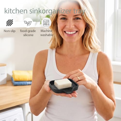 MicoYang Silicone Soap Dish with Drain Spout, Self-Draining Sink Organizer Tray for Bathroom and Kitchen, Sponges, Dispensers and Soap Holder, Non-Slip and Dishwasher Safe, Black (Compact, 4.9"×3.2") - color: Black, size: S(4.9"×3.2")