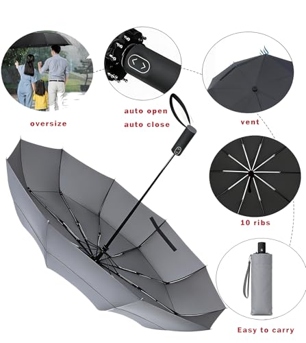 MRTLLOA Compact Golf Umbrella, 10 Ribs Vented Windproof Travel | 49/54/62 Inch Large Oversize, Double Canopy, Quick-Dry Fabric, Lightweight, Umbrellas for Rain - color: Gray, size: 54 Inch